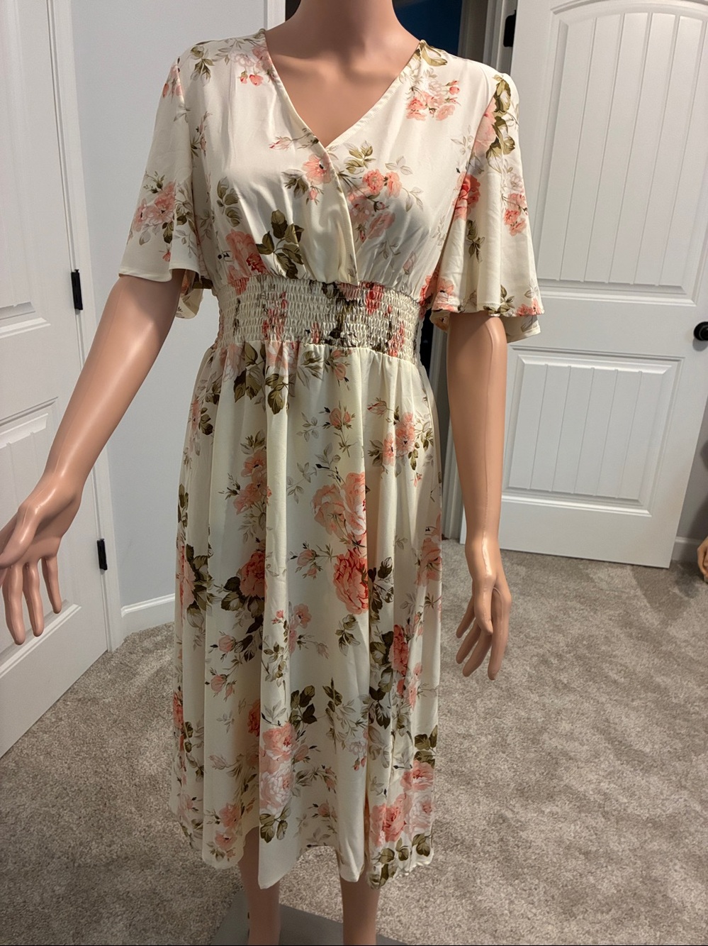 Floral Ivory Midi Dress with Pink Rose Print by SHEIN.